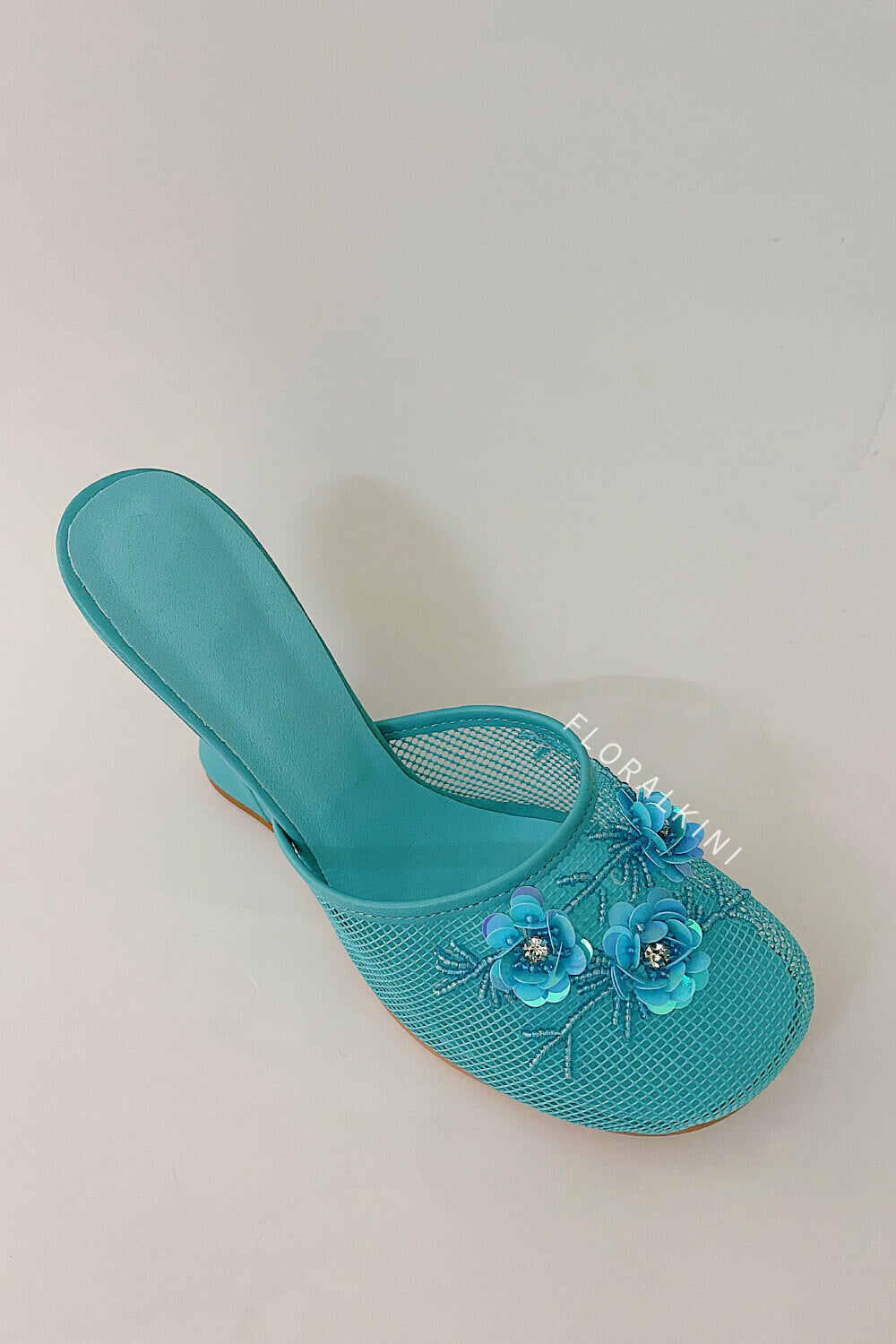 Floral Embellished Mesh Pyramid Wedge Mule Sandals