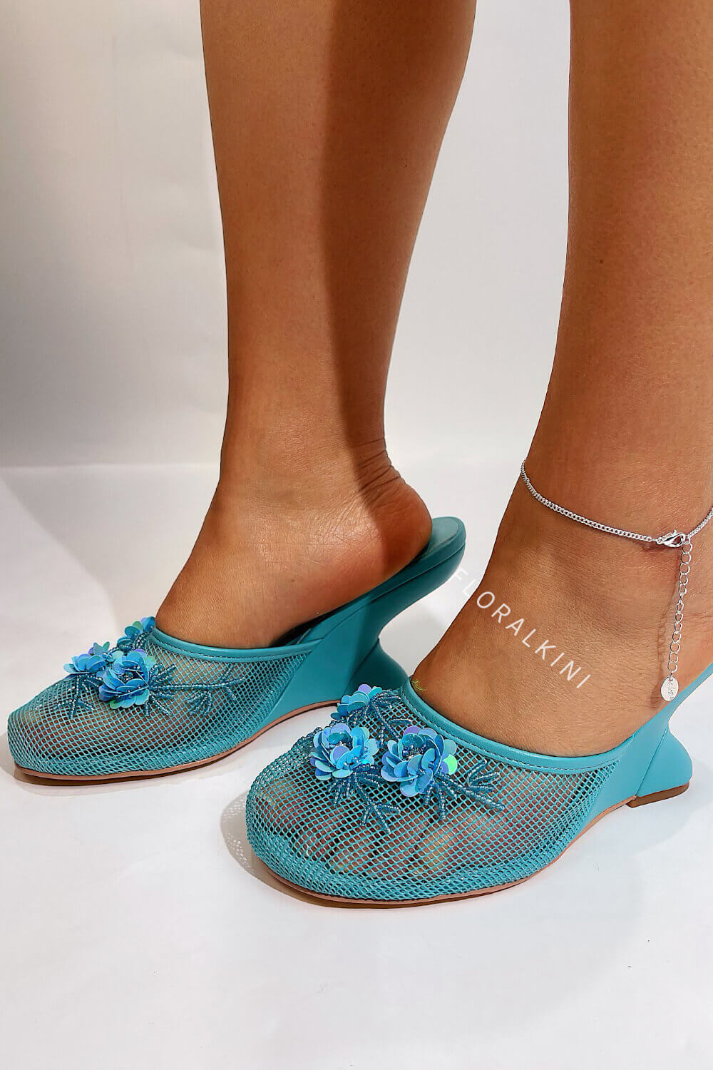 Floral Embellished Mesh Pyramid Wedge Mule Sandals