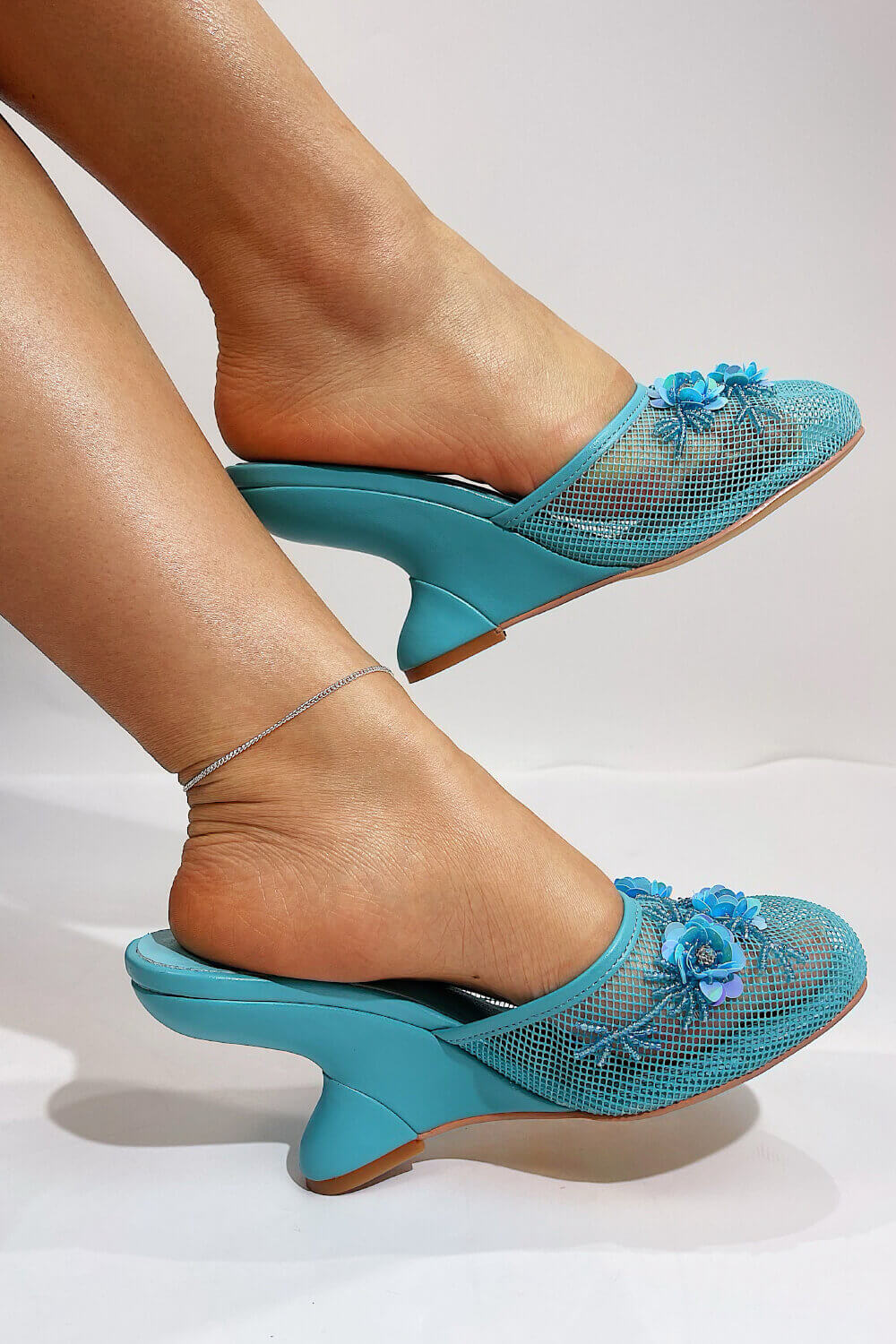 Floral Embellished Mesh Pyramid Wedge Mule Sandals