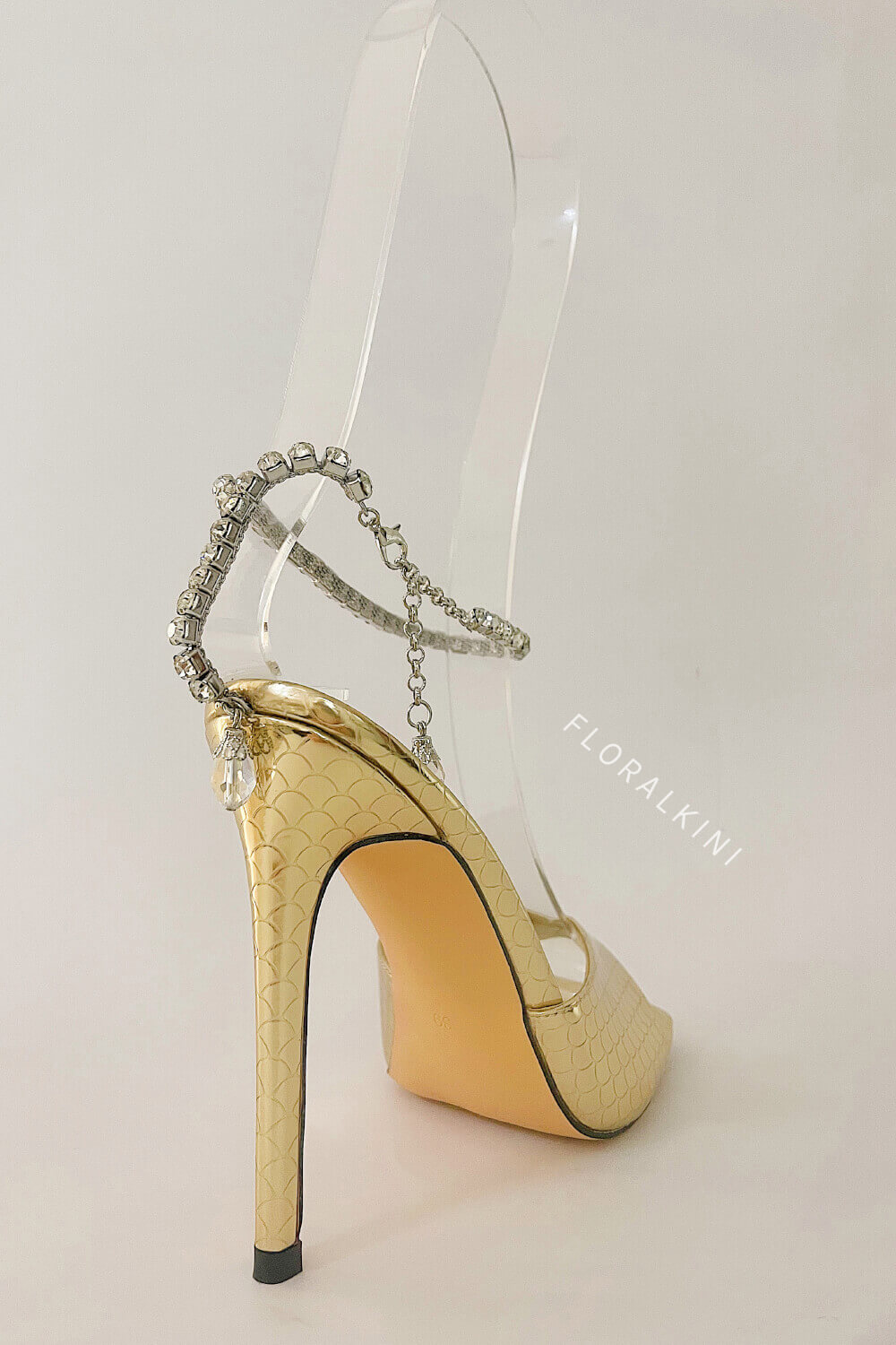 Snakeskin-Effect Diamante Chain Detail Ankle Strap Pointed Toe Stiletto Heel Sandals