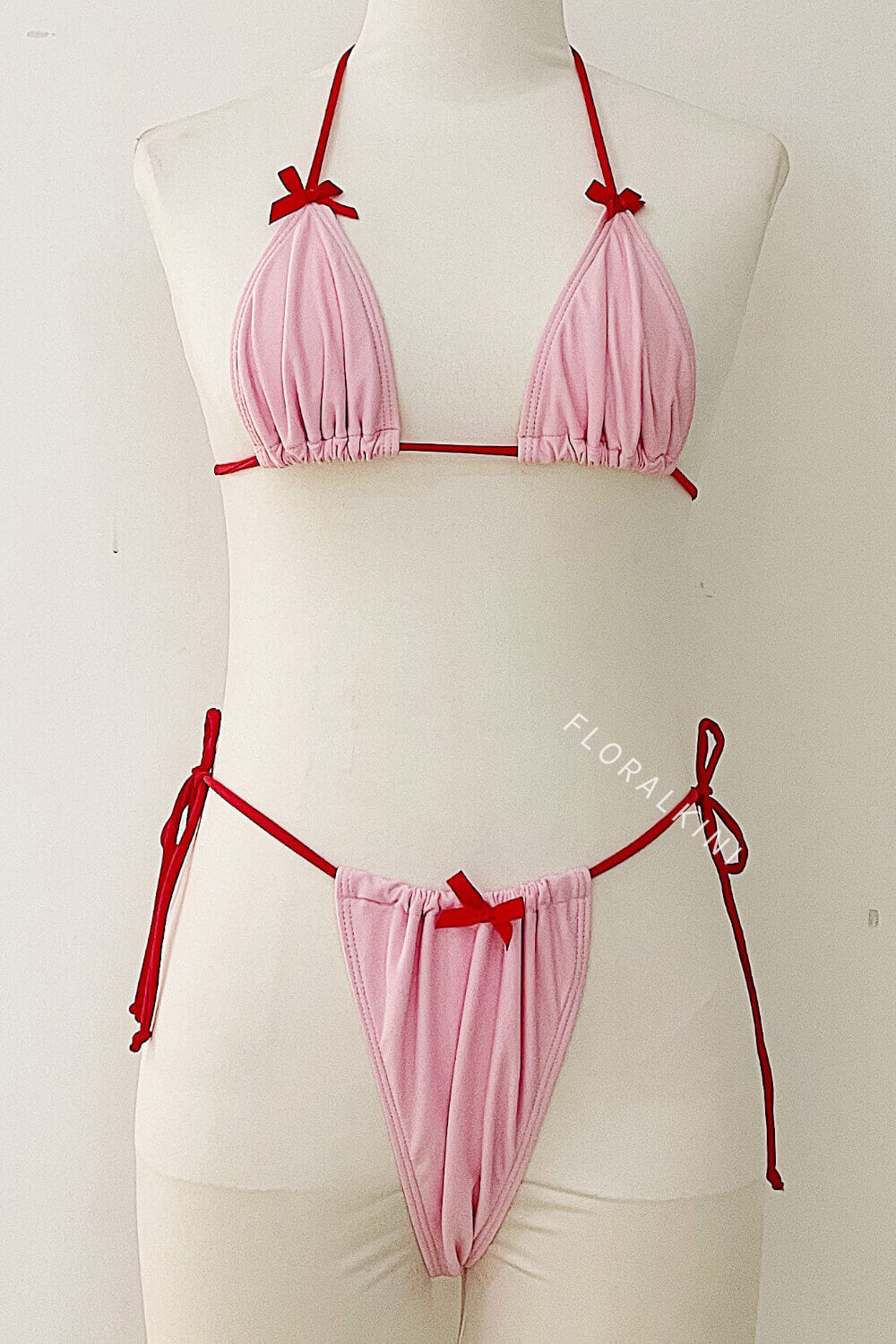 Contrast Triangle Halter Tie Side Bikini Set With Bows Detailing
