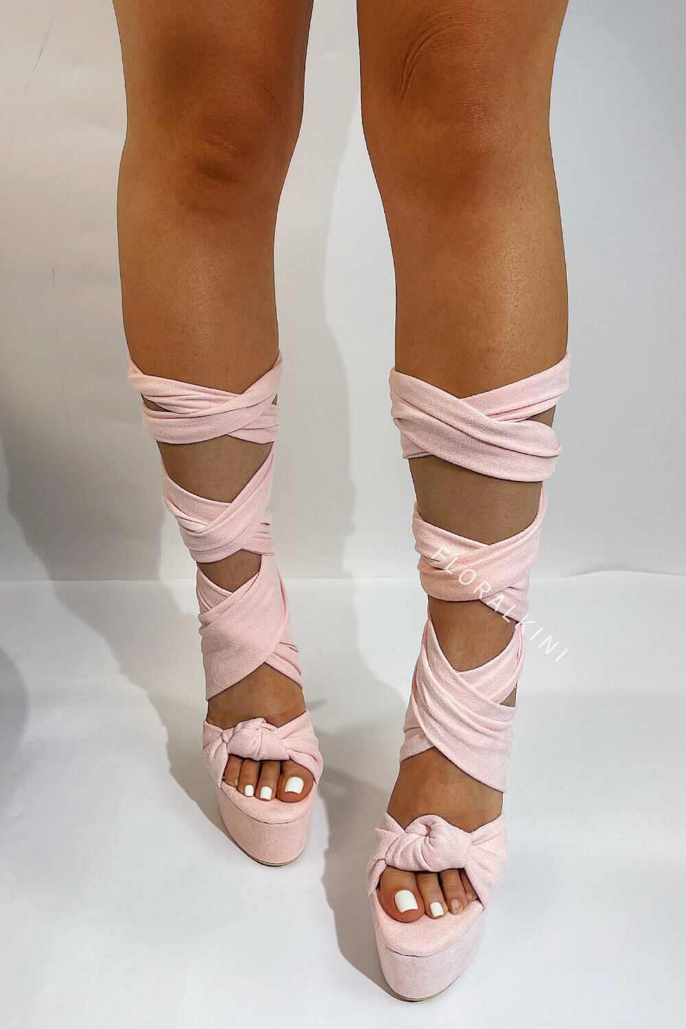 Platform Suede Tie Wrap Around Stiletto Heel - Nude