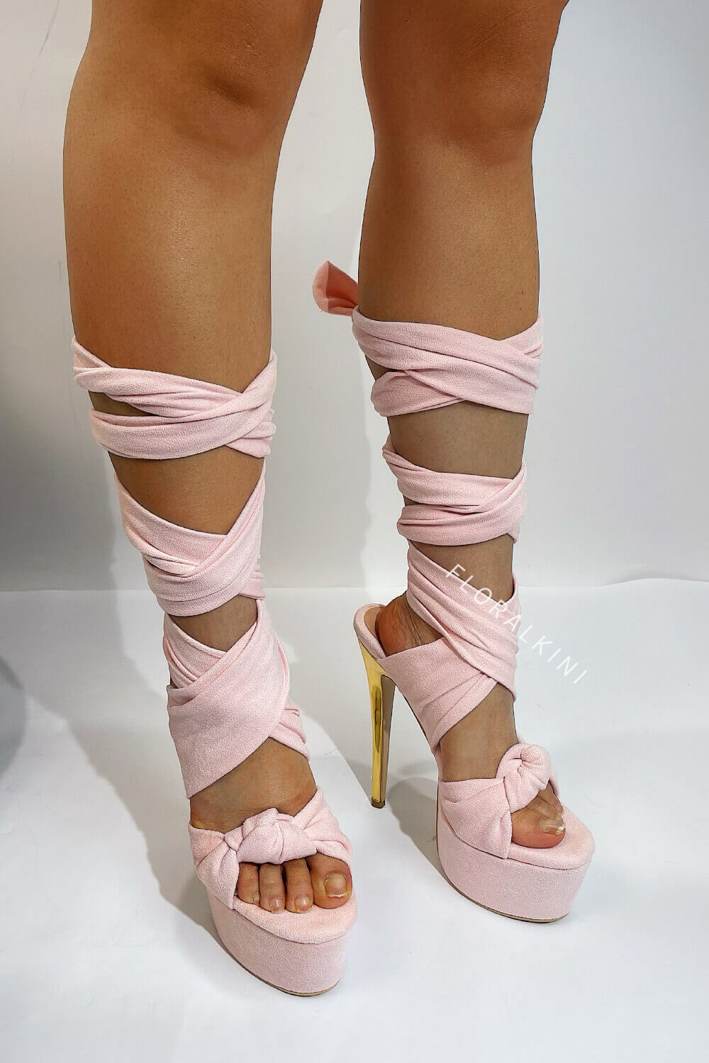 Platform Suede Tie Wrap Around Stiletto Heel - Nude