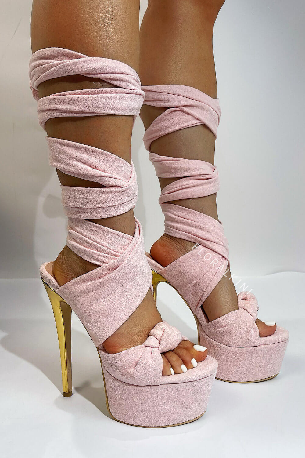 Platform Suede Tie Wrap Around Stiletto Heel - Nude