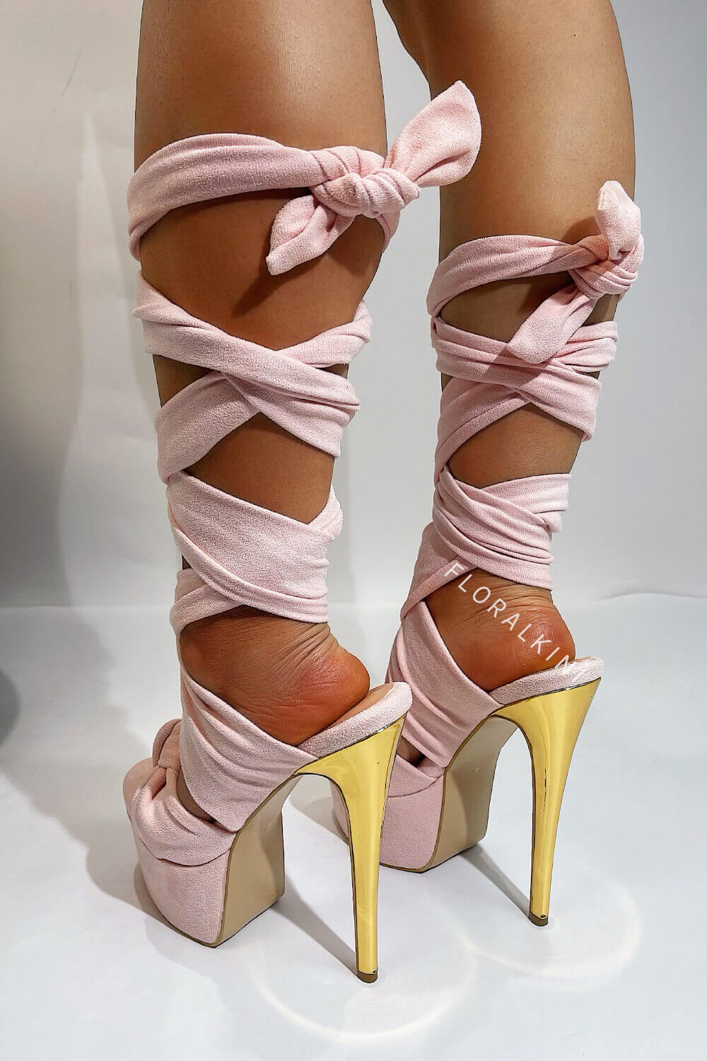 Platform Suede Tie Wrap Around Stiletto Heel - Nude