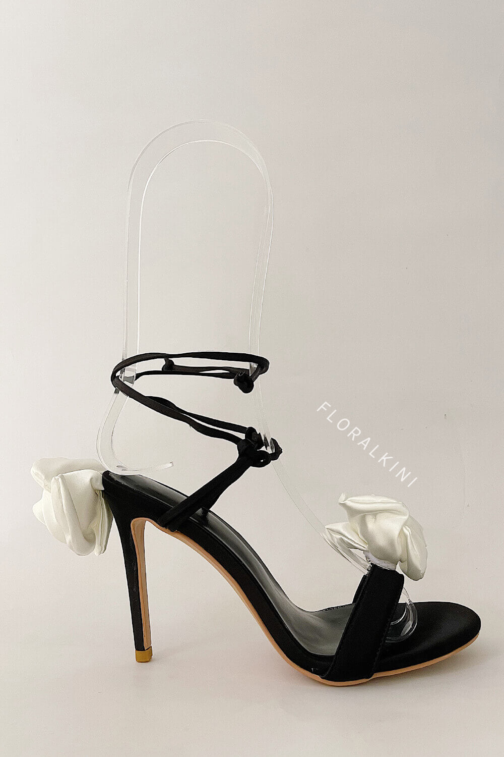 Ivory And Black Flower Embellished Satin Lace Up Open Toe Stiletto Heels Sandals