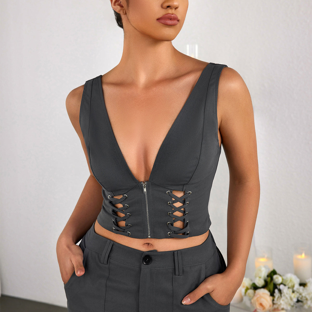 Sexy Cut-out Solid Color Cinched Waist Crop Top