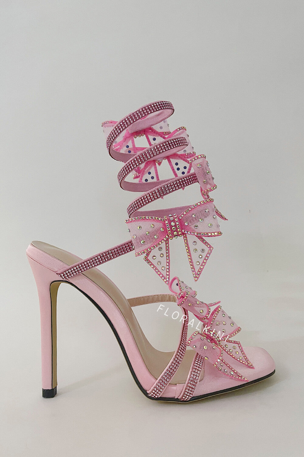 Crystal-Embellished Bow Around The Ankle Coil Stiletto Sandals