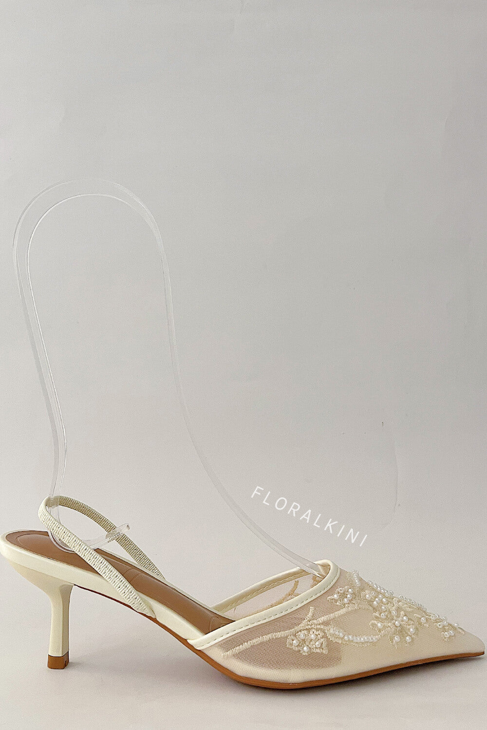 Bridal Beaded Embroidered Mesh Pointed Toe Slingback Kitten Court Heels