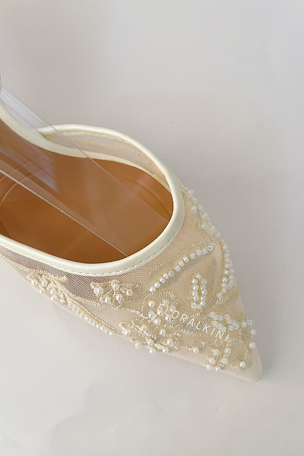 Bridal Beaded Embroidered Mesh Pointed Toe Slingback Kitten Court Heels