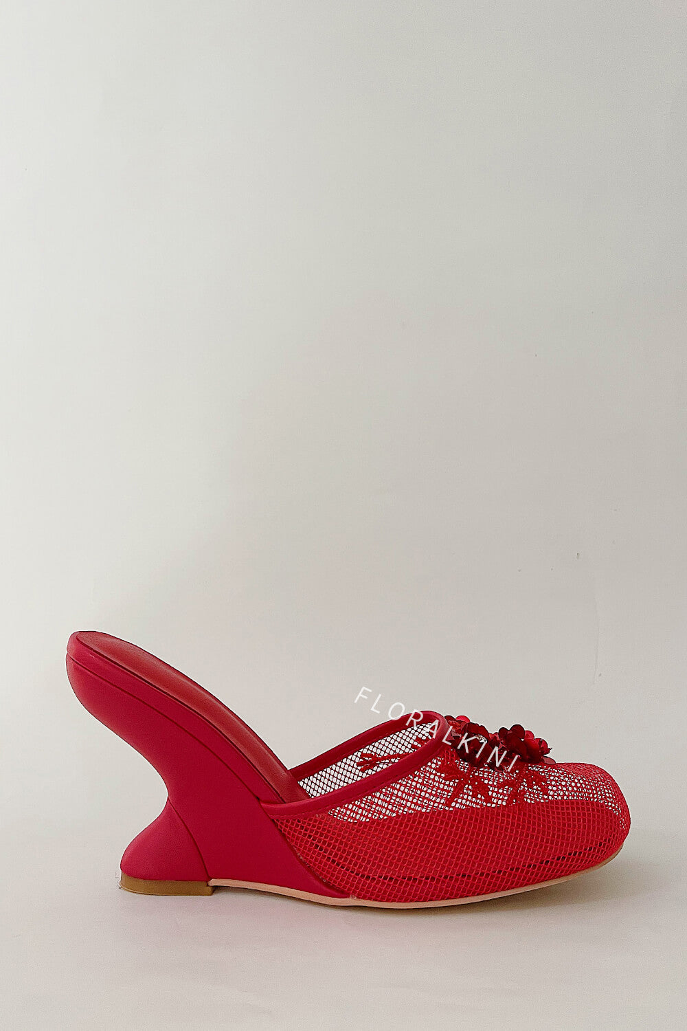Floral Embellished Mesh Pyramid Wedge Mule Sandals
