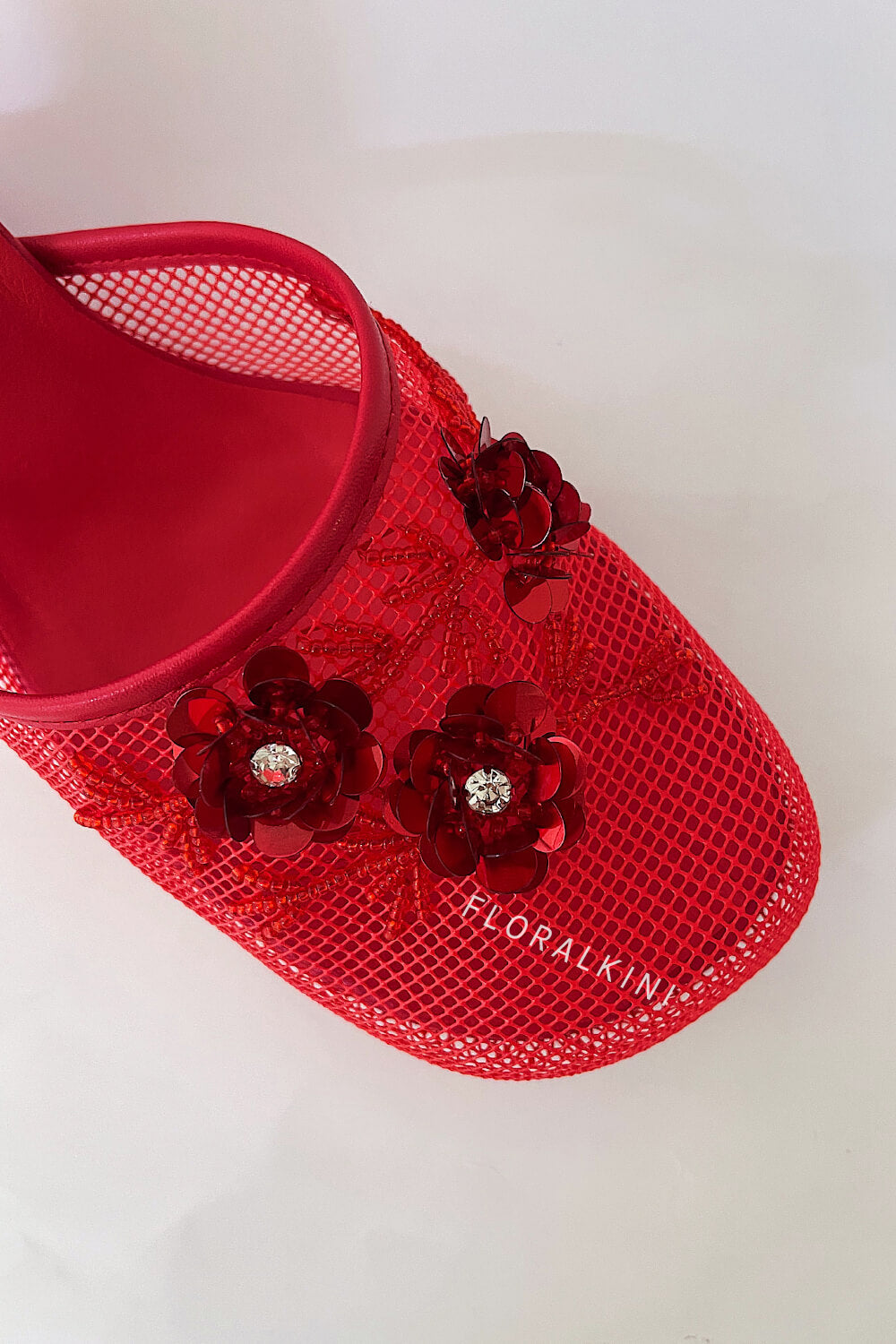 Floral Embellished Mesh Pyramid Wedge Mule Sandals