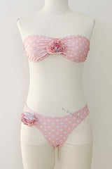 Pink Polka Dot Rosette Bandeau High-Cut Bikini Set