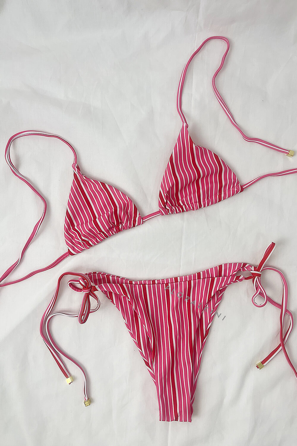 Striped Print Triangle Halter Tie Side Bikini Set With Bows Detailing