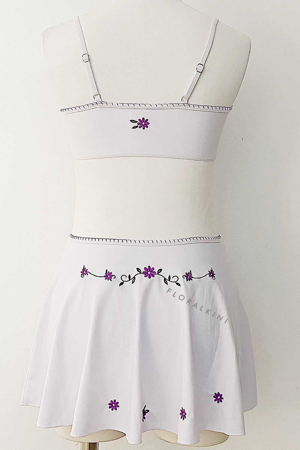 Floral Embroidered Bandeau Bikini Set With Ruffled Mini Skirt - White