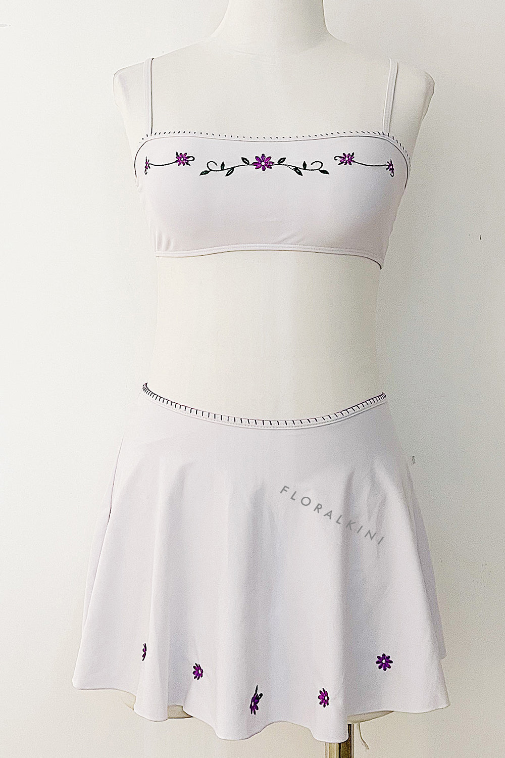 Floral Embroidered Bandeau Bikini Set With Ruffled Mini Skirt - White