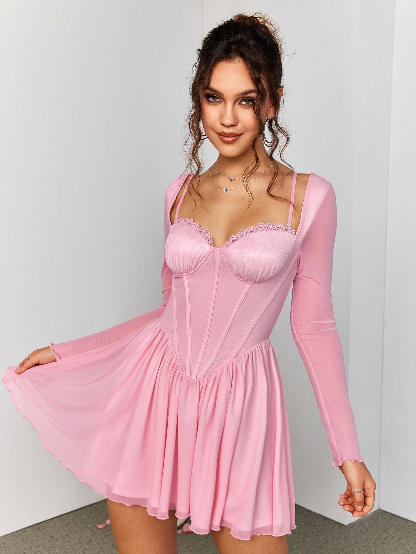 Sheer Sleeve Pink Skater Dress