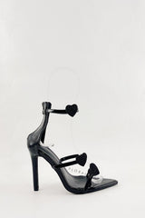 Faux Leather Diamante Heart Detail Pointed Toe Stiletto Heel - Black