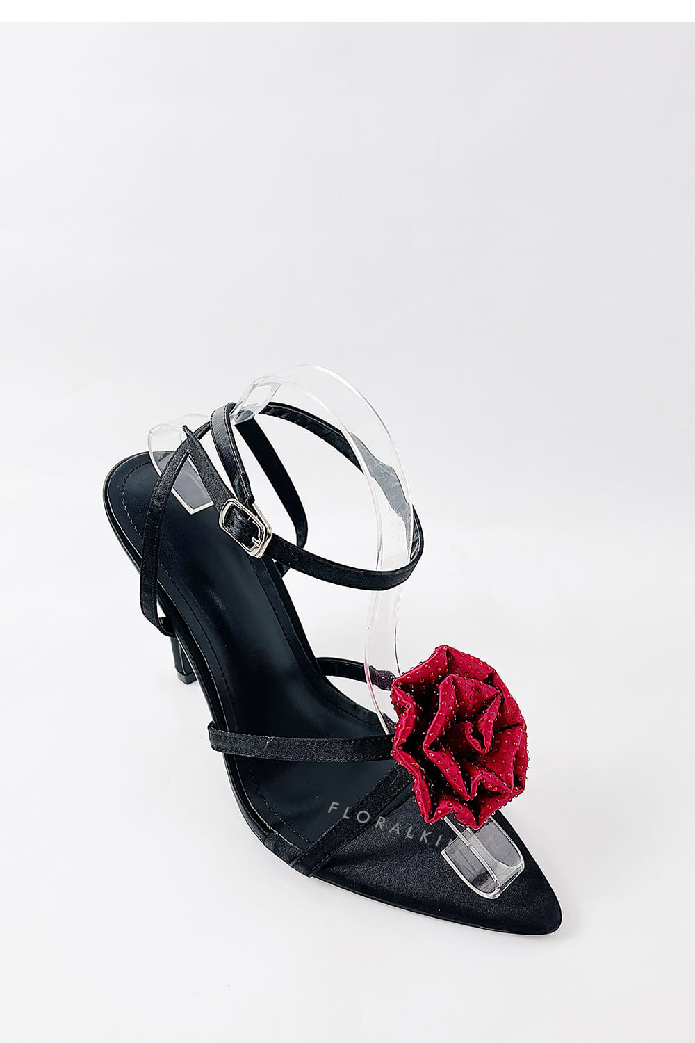 Rose Embellished Pointed Toe High Stiletto Heels - Black Red