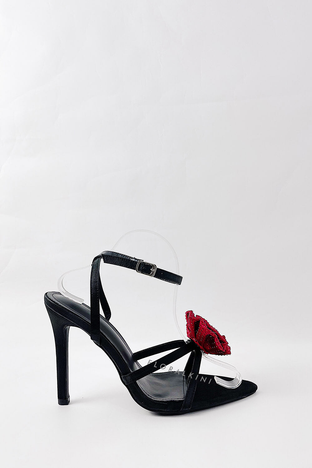Rose Embellished Pointed Toe High Stiletto Heels - Black Red