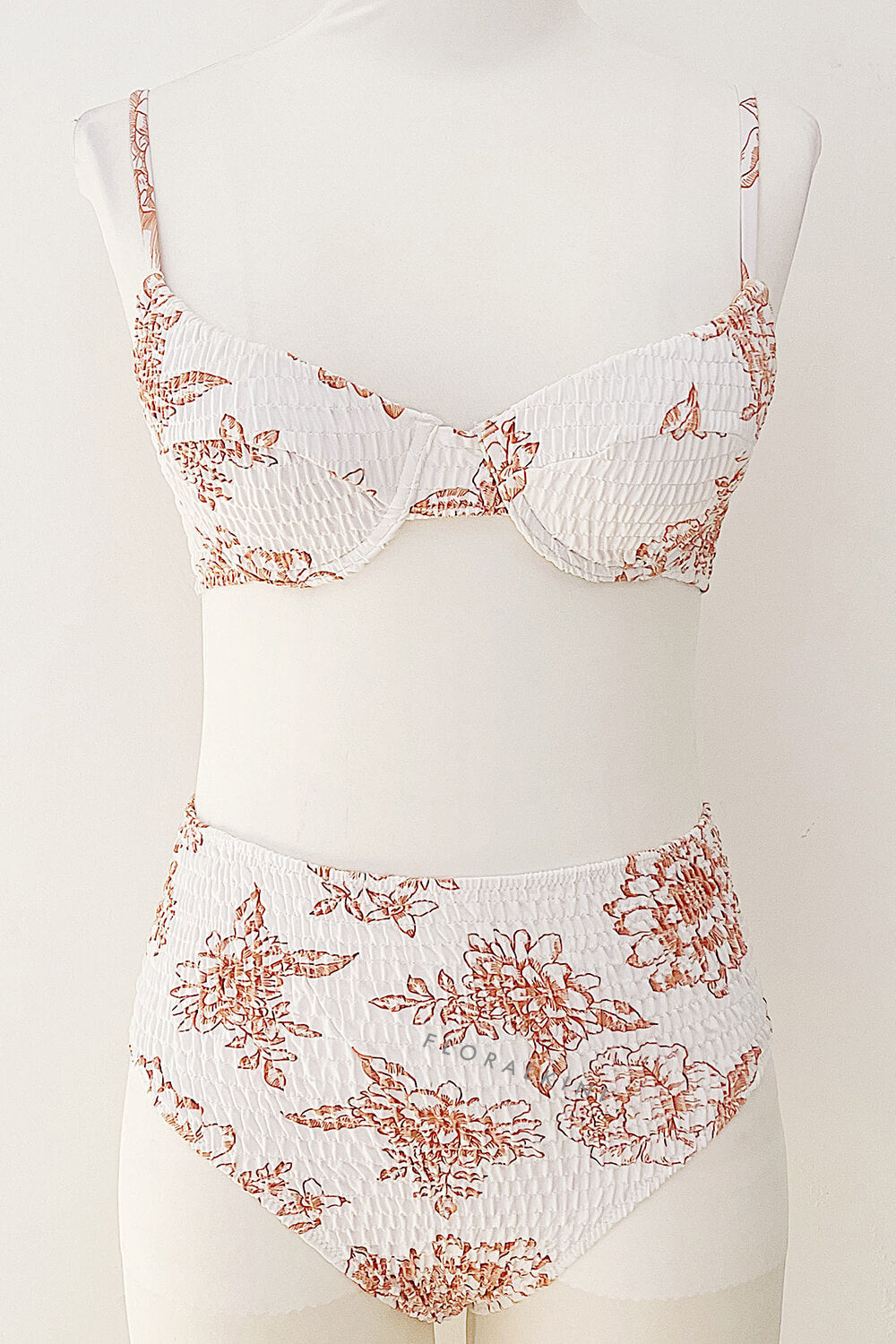 Tan Floral Ruched High Waisted Bikini Bottom