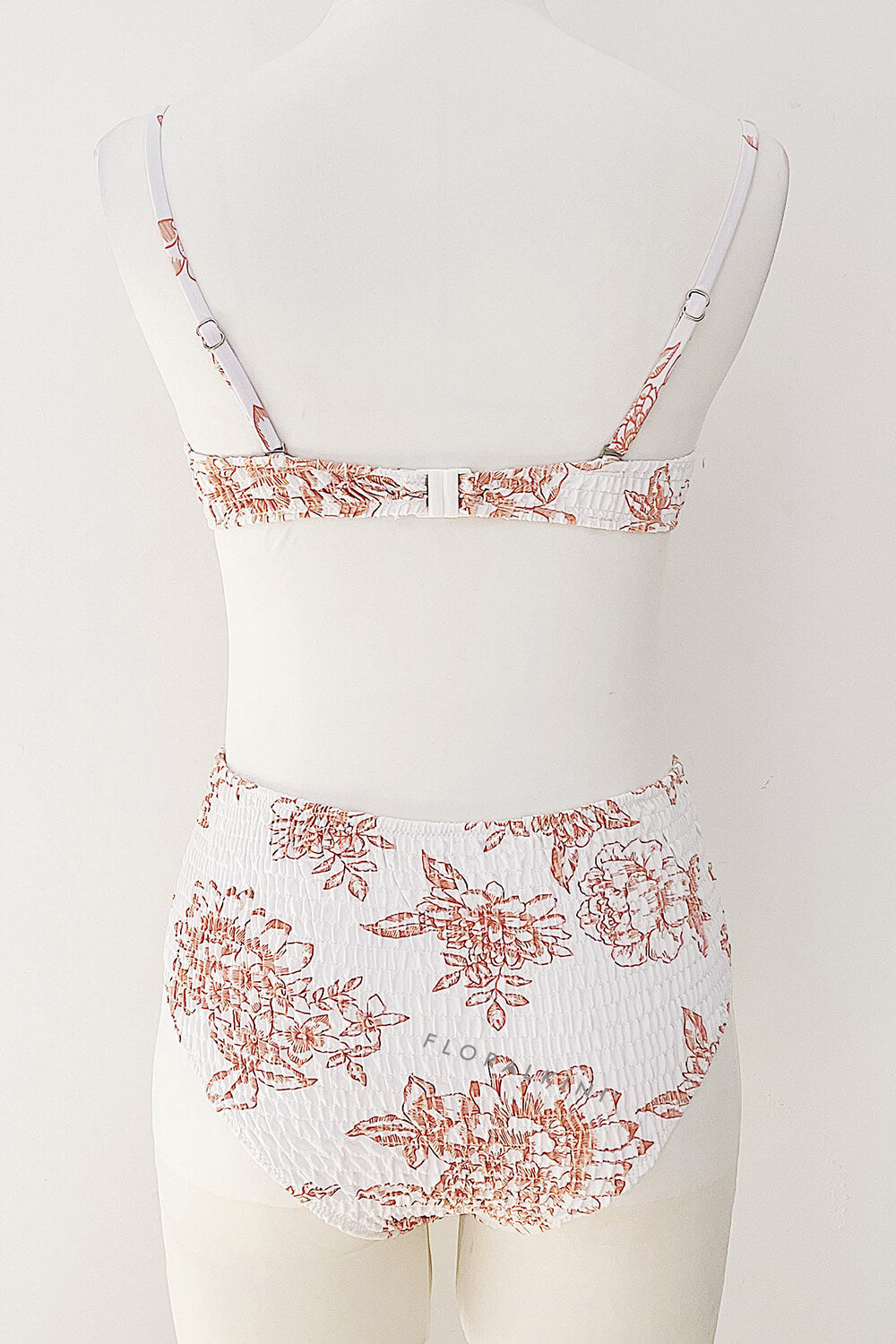 Tan Floral Ruched High Waisted Bikini Bottom