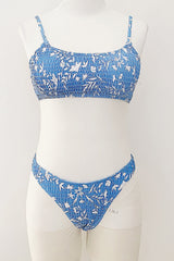 Sky Blue Leaves Print Ruched Scoop Crop Bikini Top