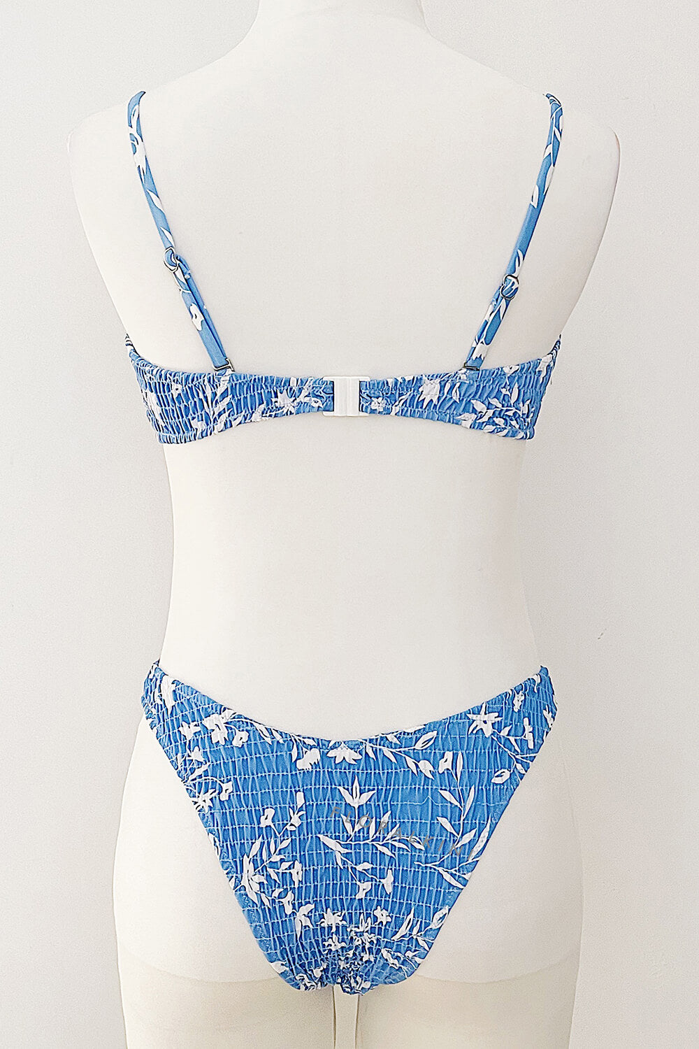 Sky Blue Leaves Print Ruched Scoop Crop Bikini Top