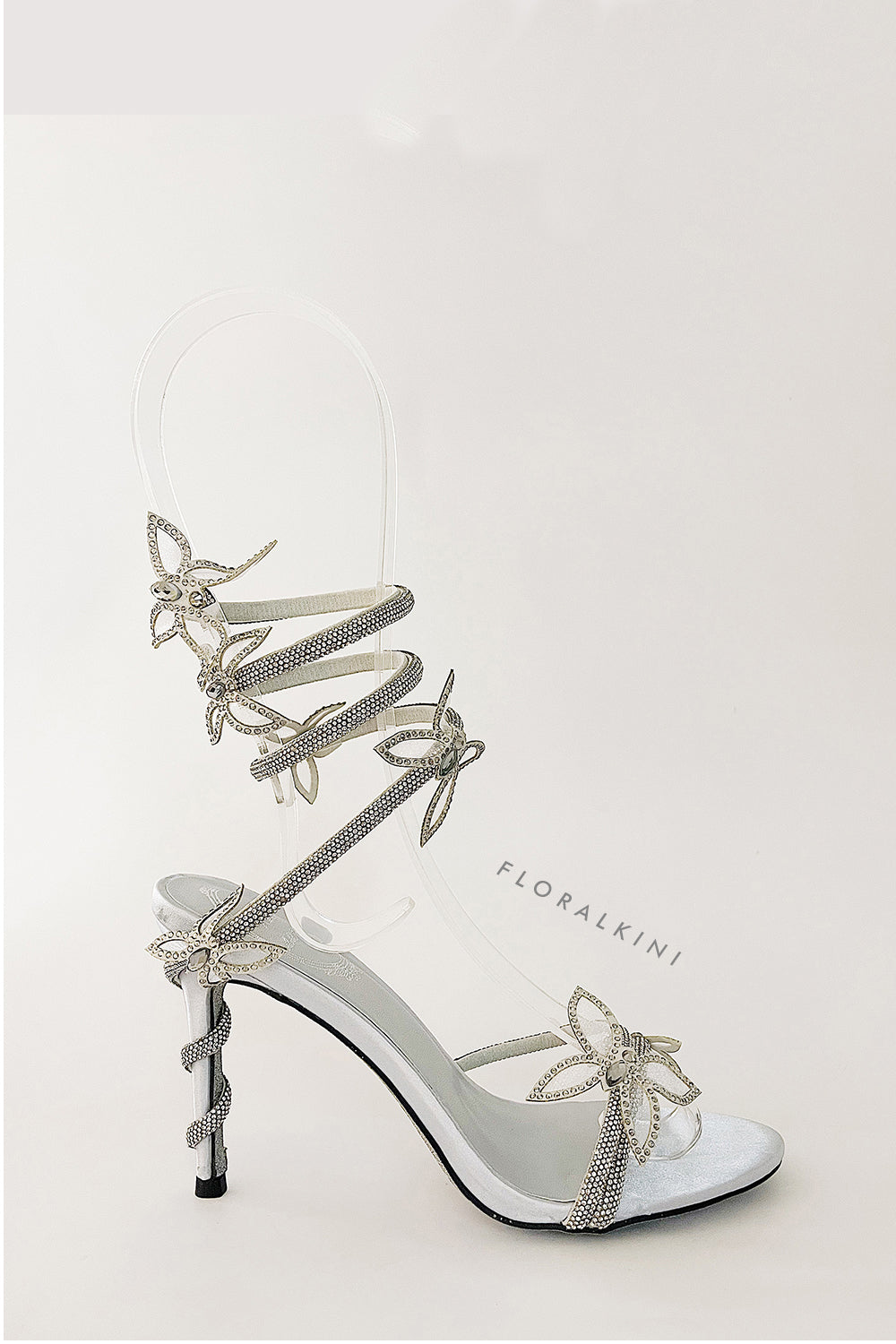 Crystal-Embellished Butterfly Snake Ankle Wrap Stiletto Sandals