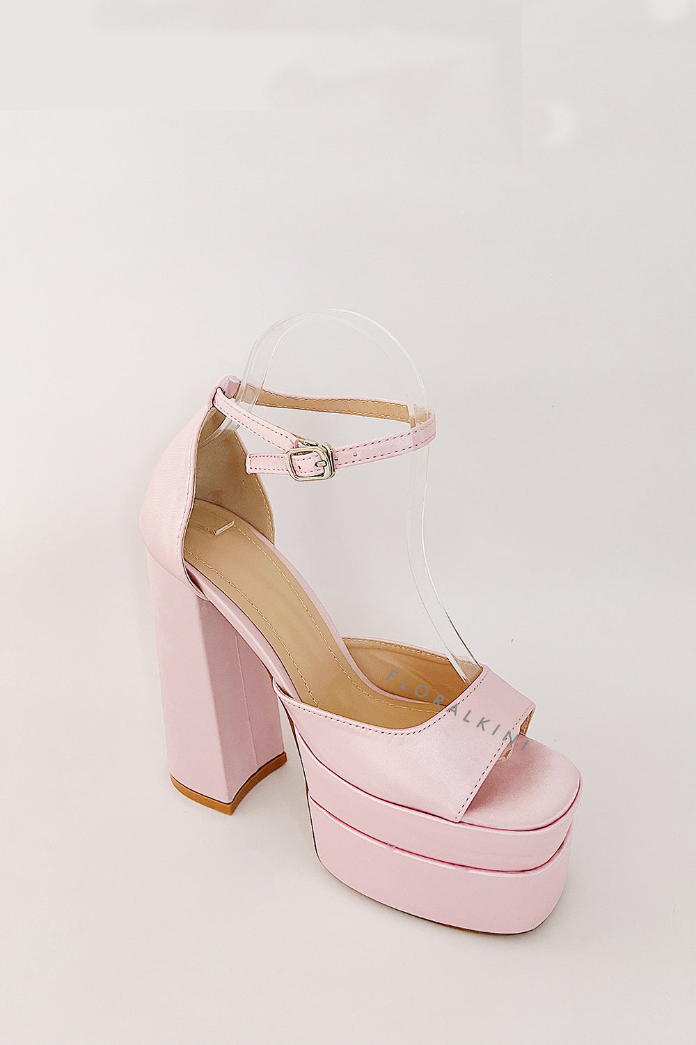 Baby Pink Satin Peep Toe Platform Block Heel
