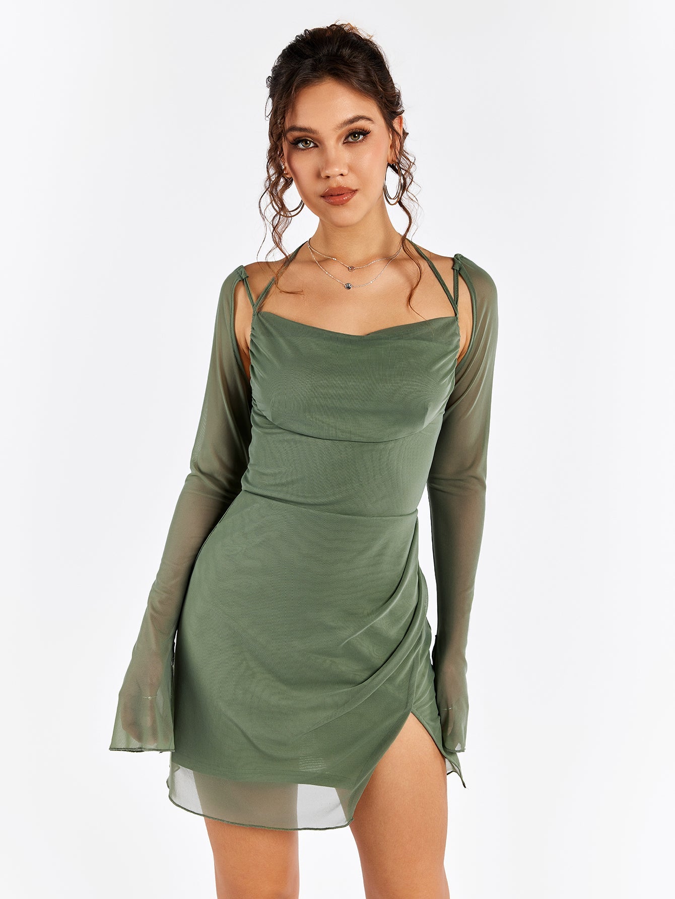Flounce Sleeve Ruched Mesh Dress