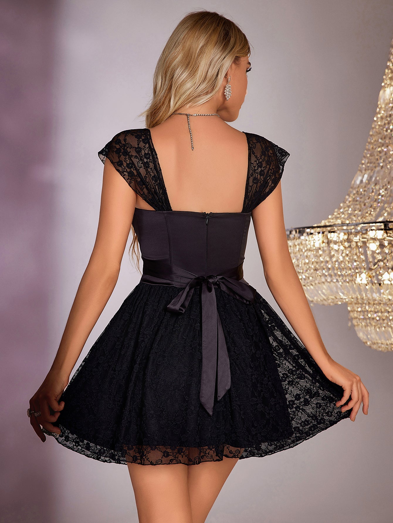 Midnight Lace Flair Cap Sleeve Dress