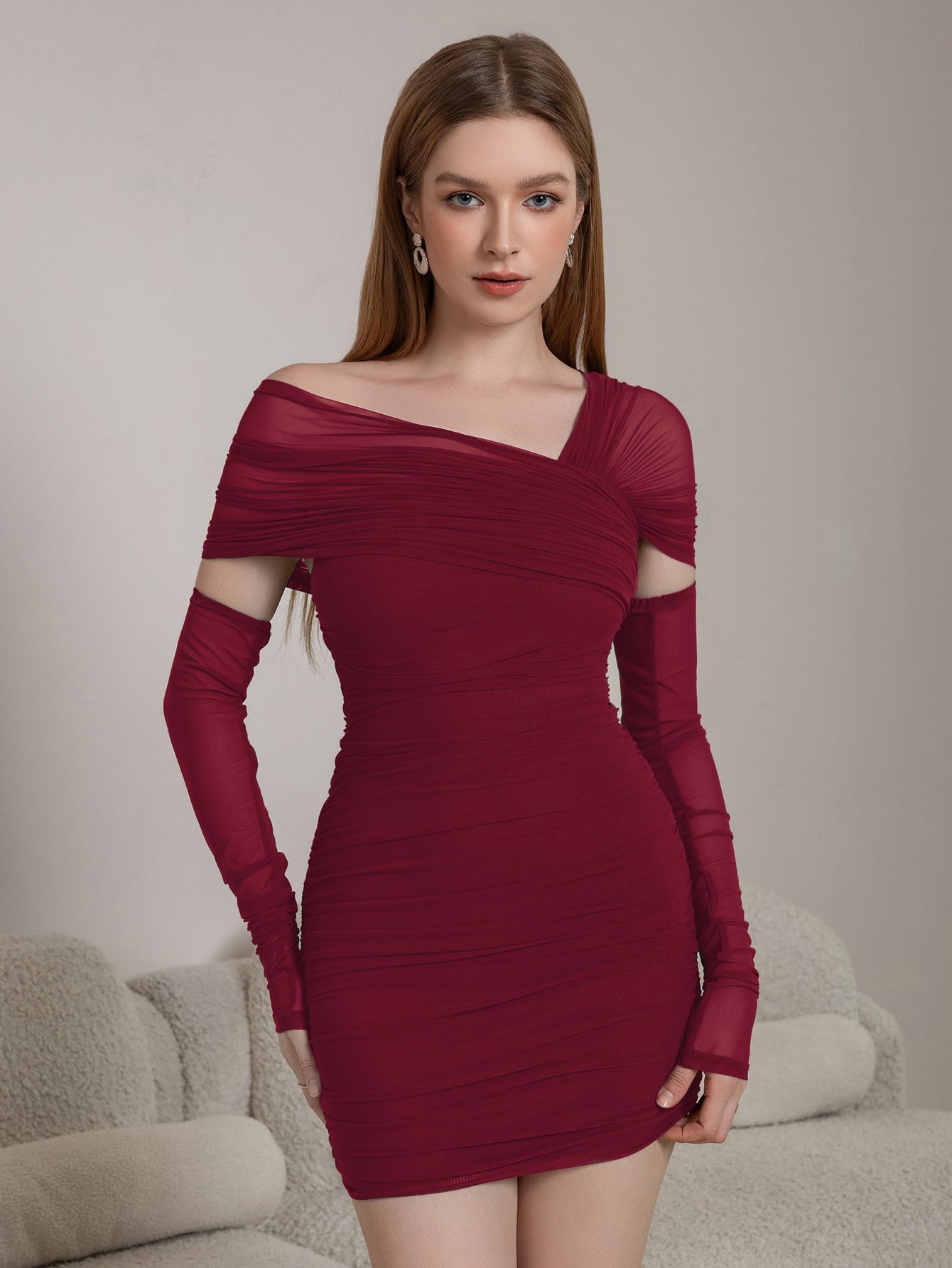 Asymmetrical Shoulder Ruched Mesh Bodycon Dress