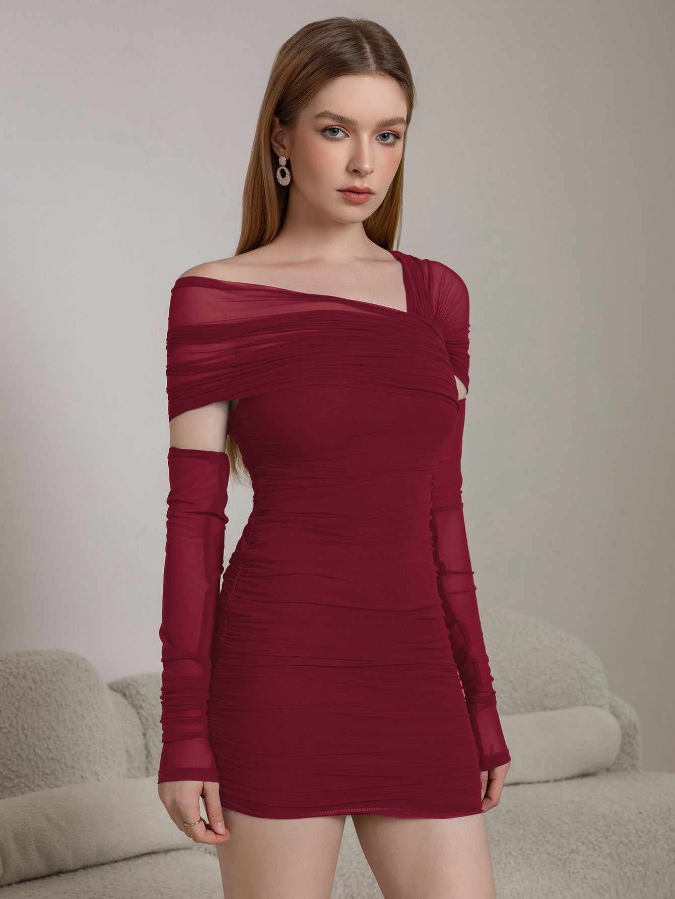 Asymmetrical Shoulder Ruched Mesh Bodycon Dress