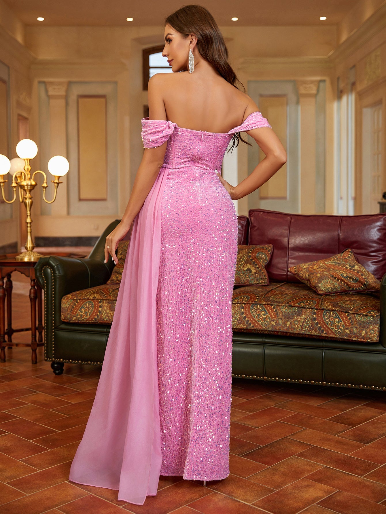 Off-Shoulder Sequin Gown Dress