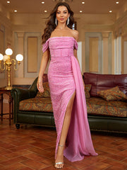 Off-Shoulder Sequin Gown Dress