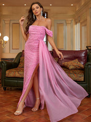 Off-Shoulder Sequin Gown Dress