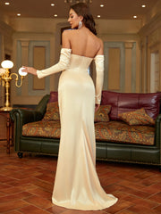 Off-Shoulder Long Sleeve Satin Gown Dress