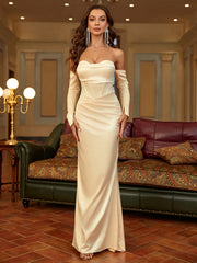 Off-Shoulder Long Sleeve Satin Gown Dress