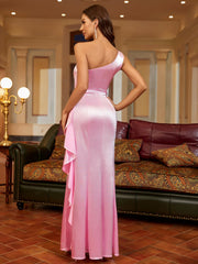 Satin Ruffle Slit Gown Dress