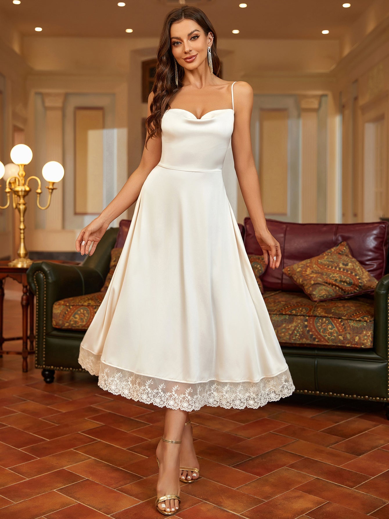 Lace Hem Satin Midi Dress