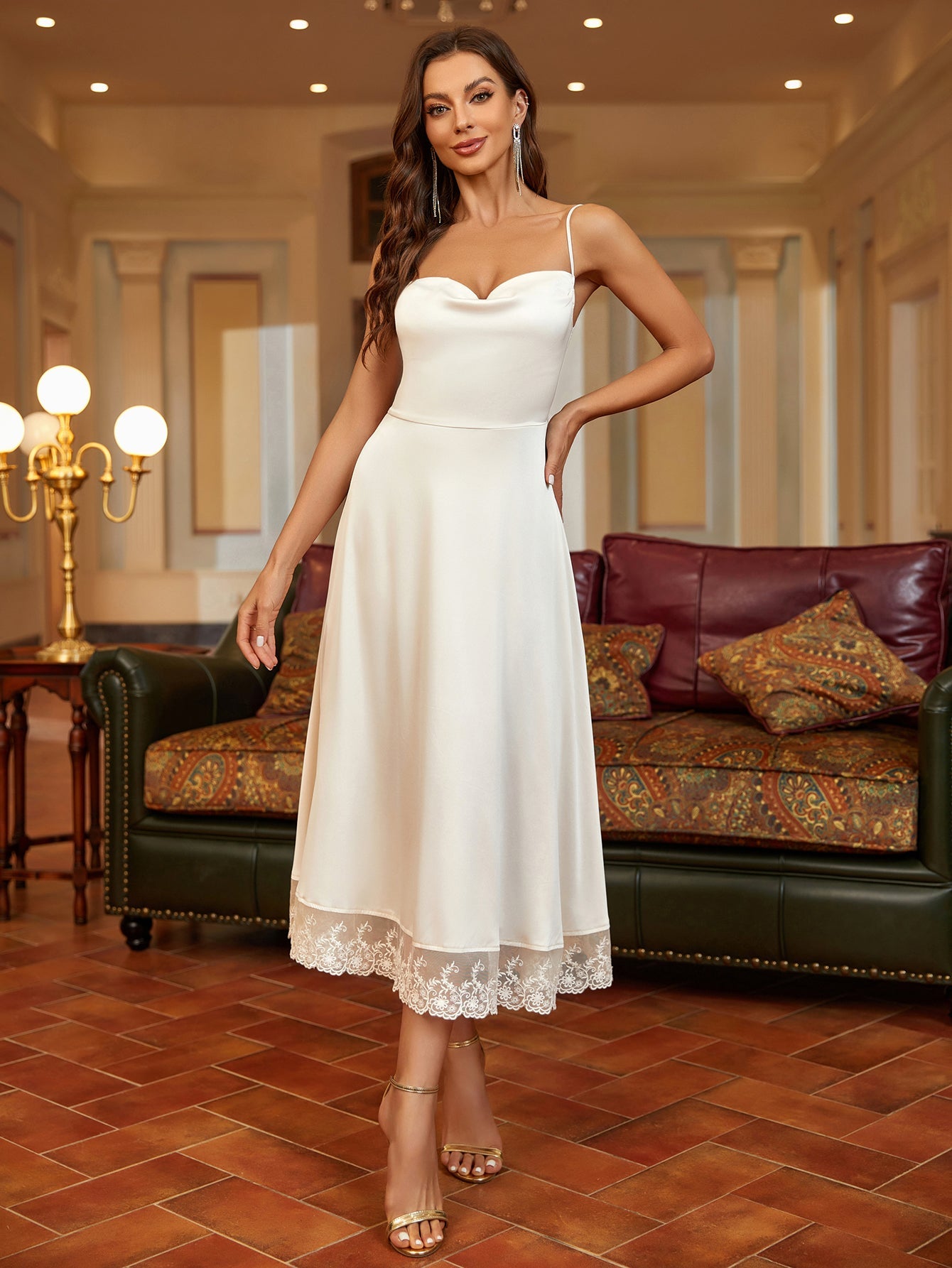Lace Hem Satin Midi Dress