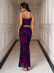Backless Lace Trim Cami Top & Bodycon Mesh Skirt