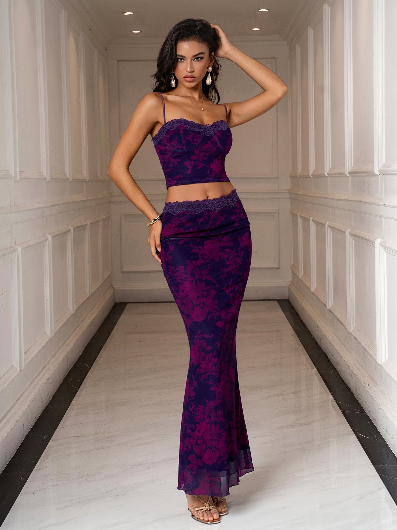Backless Lace Trim Cami Top & Bodycon Mesh Skirt