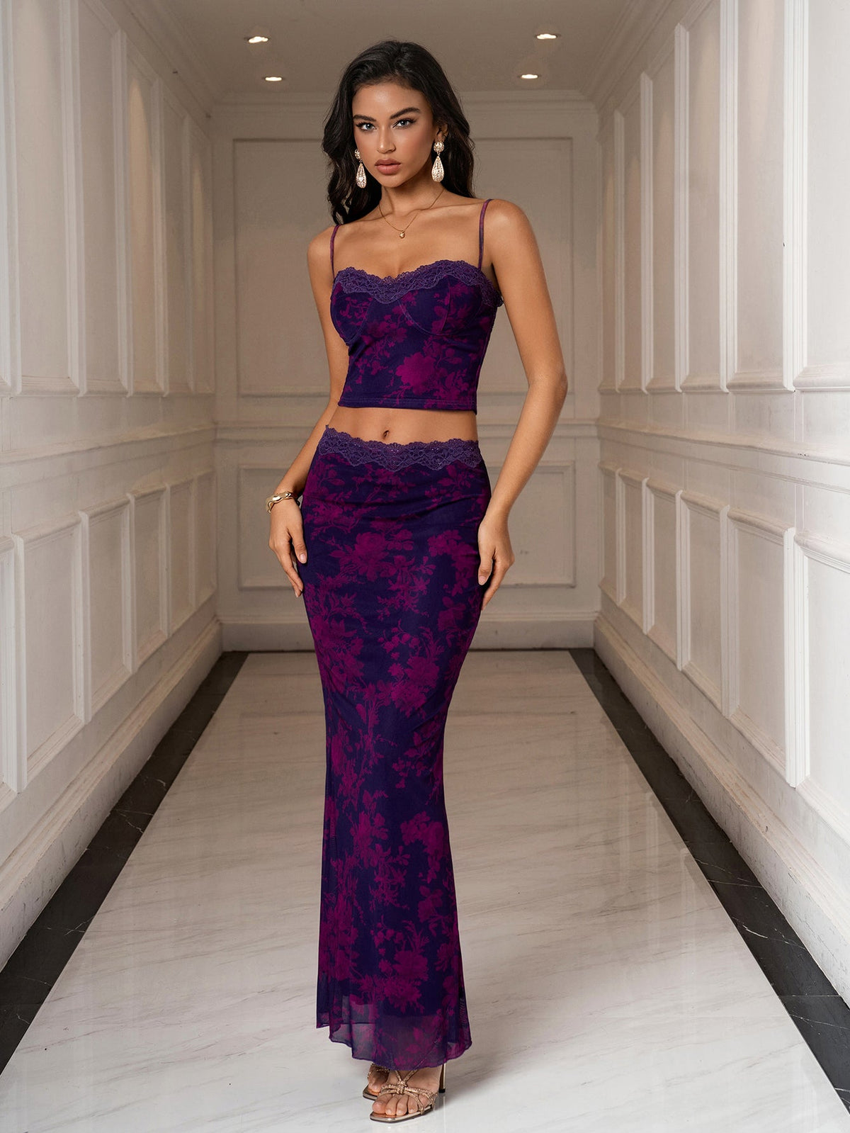 Backless Lace Trim Cami Top & Bodycon Mesh Skirt
