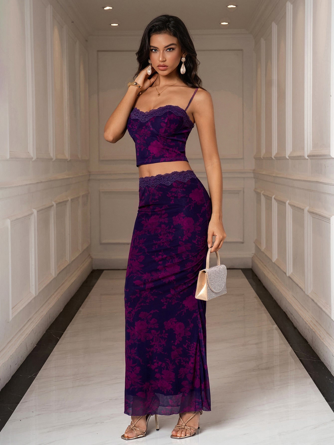 Backless Lace Trim Cami Top & Bodycon Mesh Skirt