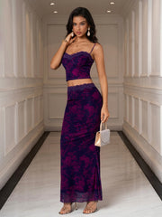 Backless Lace Trim Cami Top & Bodycon Mesh Skirt