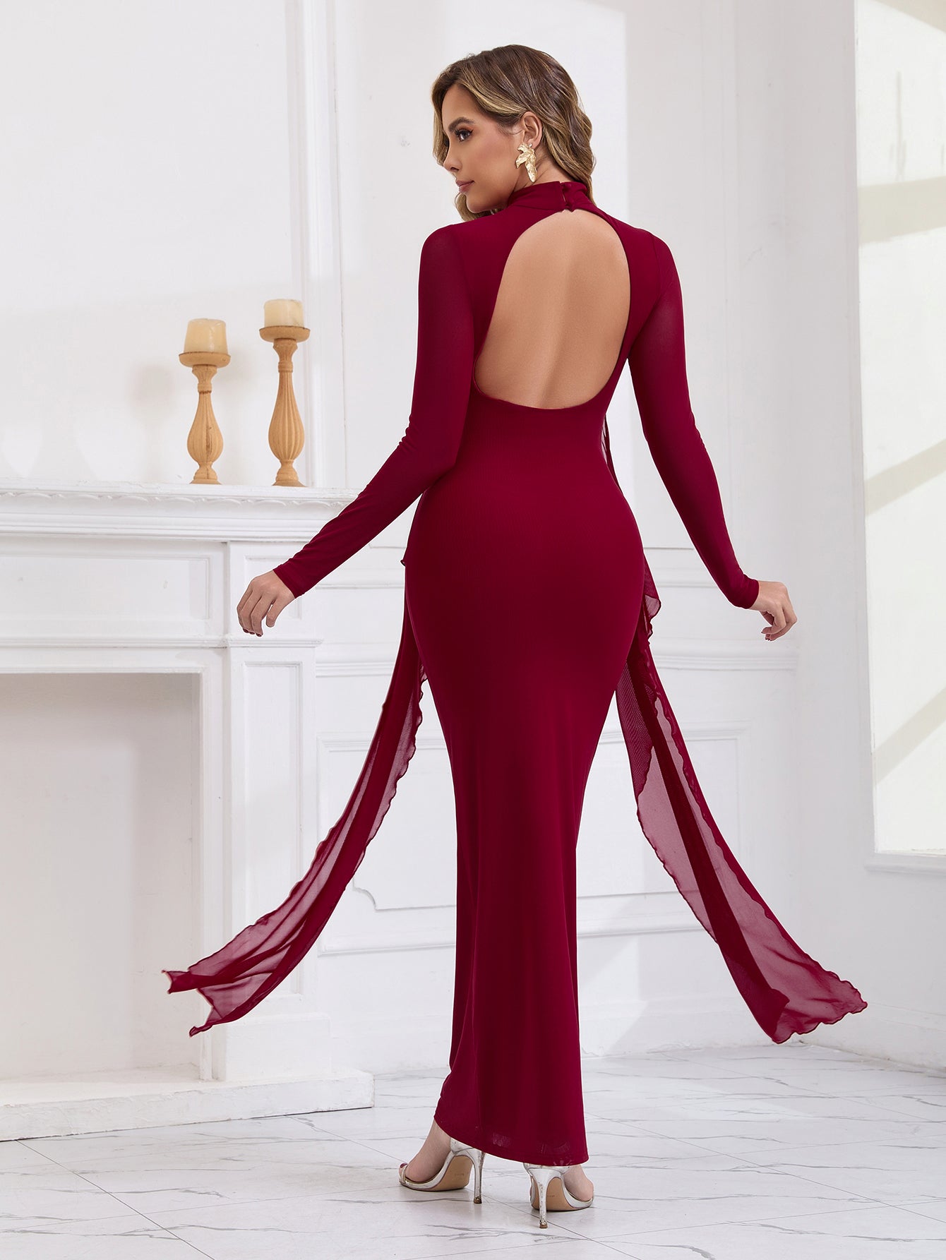 Backless Ribbon Trim Long Sleeve Mesh Dress