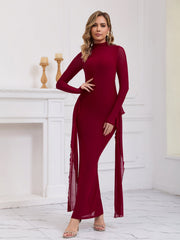 Backless Ribbon Trim Long Sleeve Mesh Dress