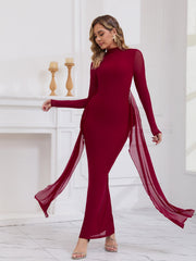 Backless Ribbon Trim Long Sleeve Mesh Dress